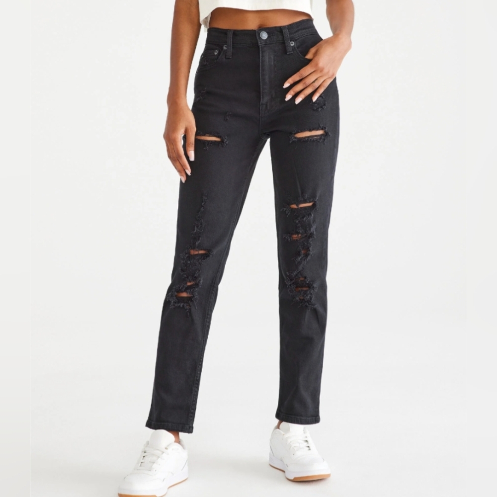 Aeropostale Mom High Rise Destroyed Stretch Black Jeans Size 2R